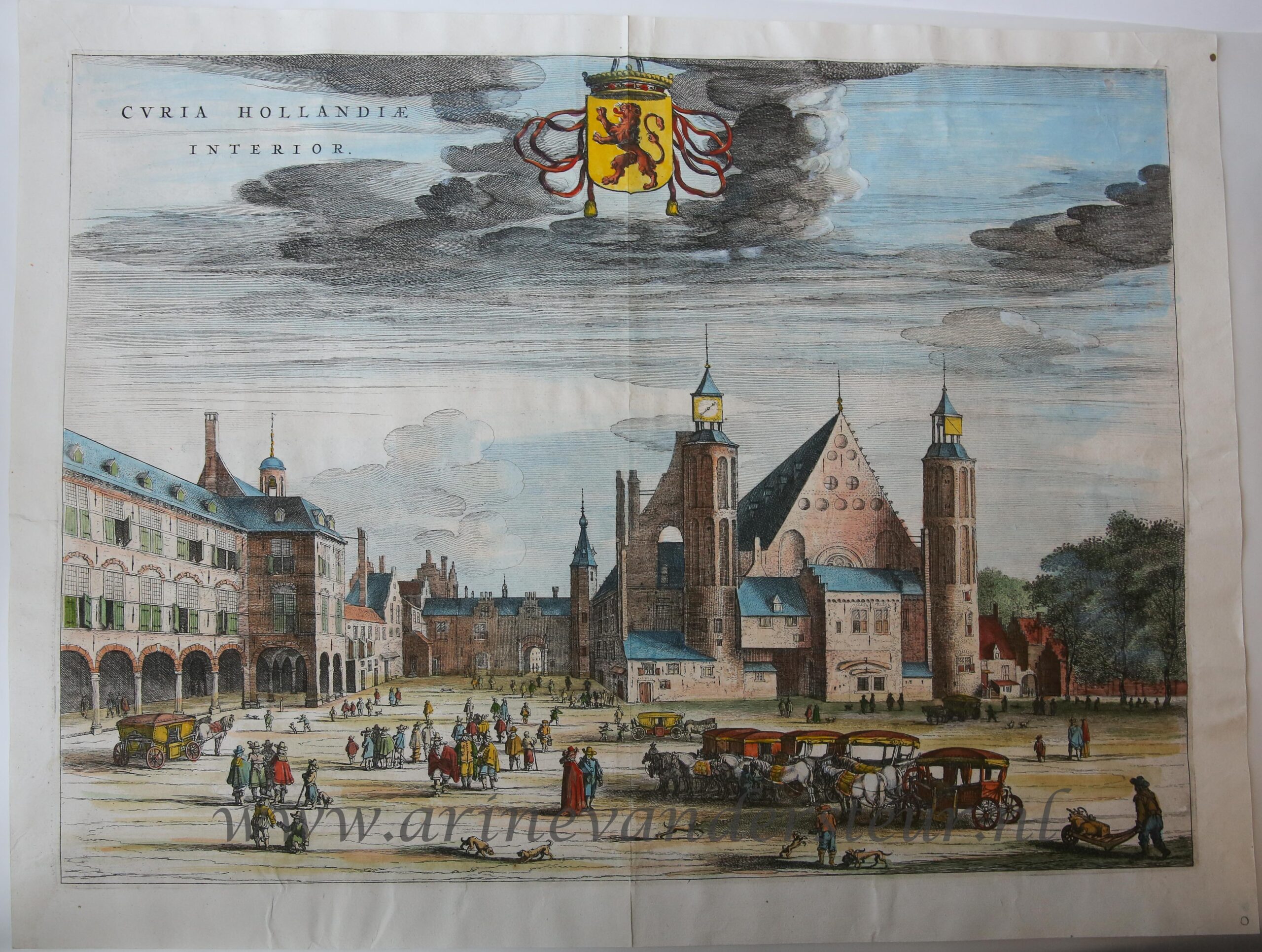 [Antique print, handcolored engraving, The Hague] CVRIA HOLLANDIAE INTERIOR (Binnenhof Den Haag), published 1649.