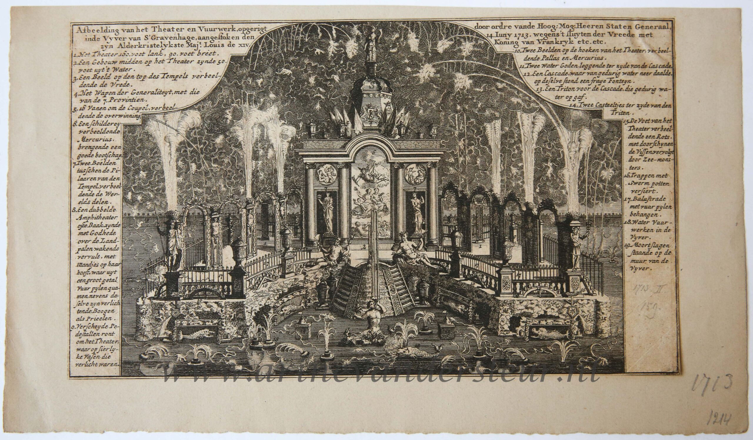 [Antique print, etching, The Hague, Den Haag] Afbeelding van het Theater en Vuurwerk..., published 1713.