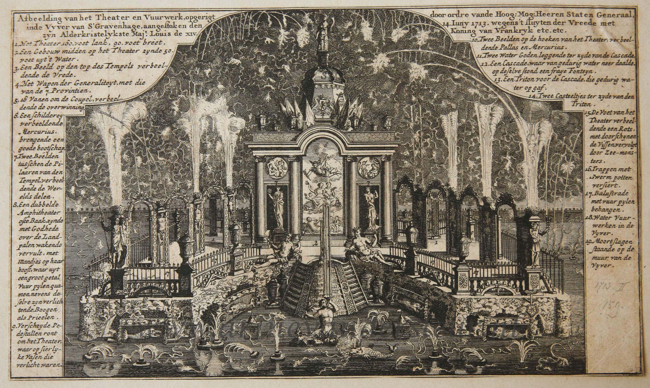[Antique print, etching, The Hague, Den Haag] Afbeelding van het Theater en Vuurwerk..., published 1713.