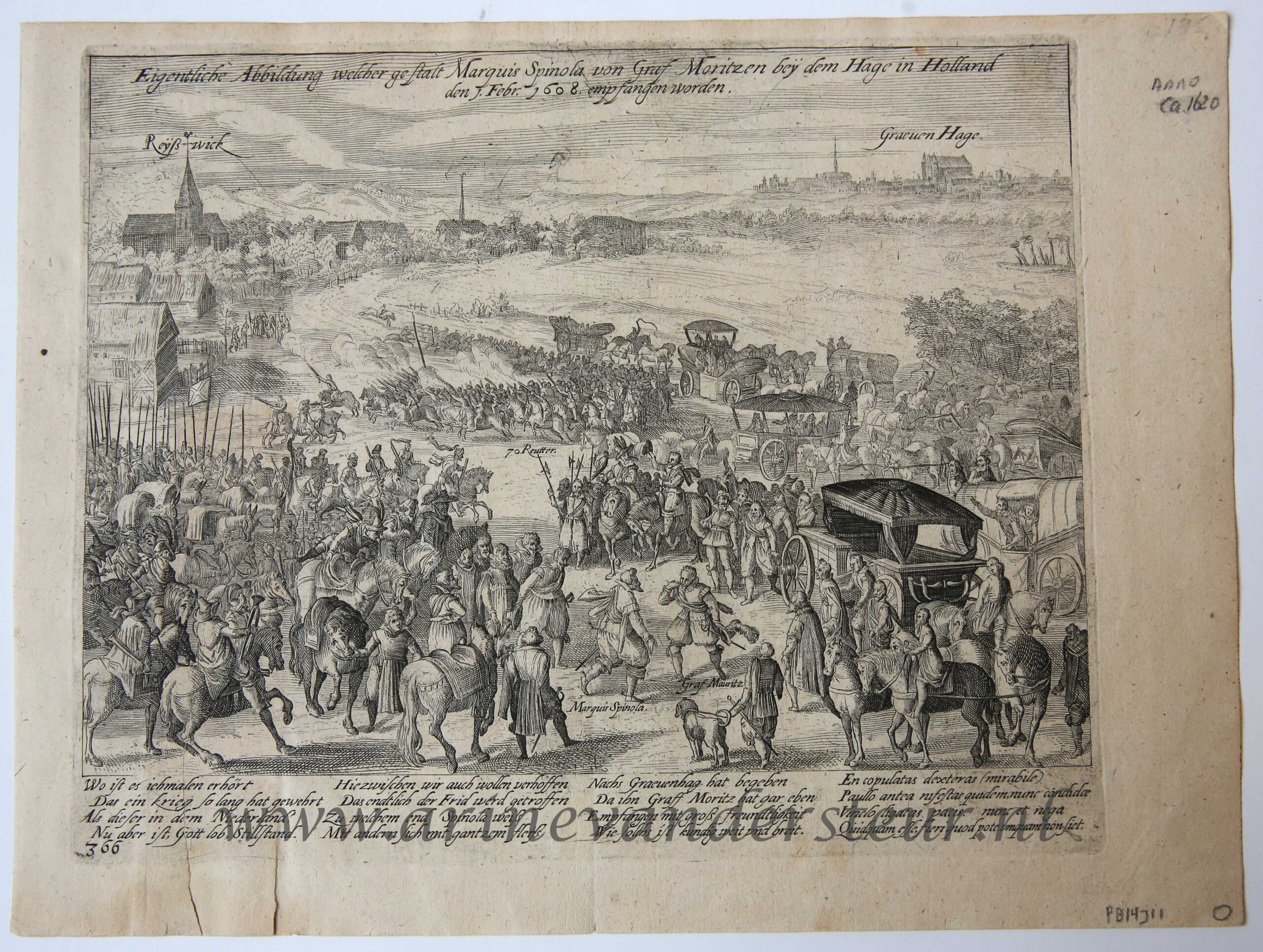 [Antique print; engraving, Rijswijk] Maurits welcomes Spinola in Rijswijk in 1608, published ca. 1608-1610.