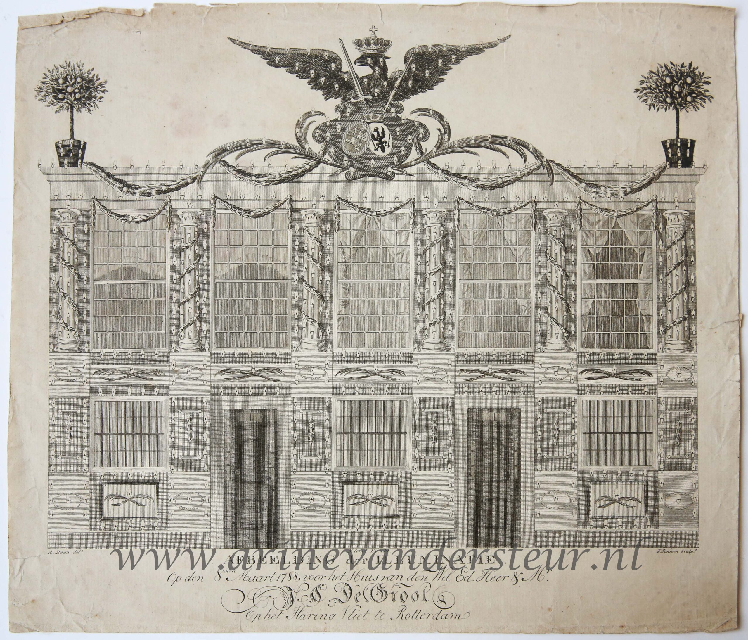 [Original print, etching and engraving, Rotterdam] Illumination of the house of J.C. de Groot in Rotterdam, published 1788.