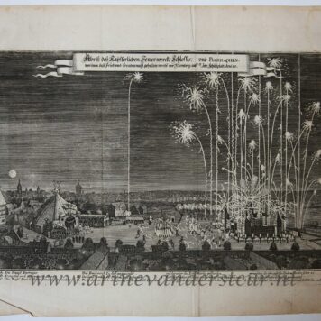 [Original print, etching, Neurenberg] Fireworks celebrating the end of the Thirty Years War in Nuremberg in 1650, published 1650.