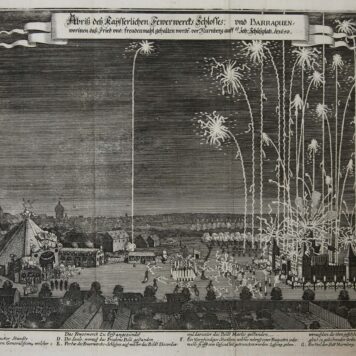 [Original print, etching, Neurenberg] Fireworks celebrating the end of the Thirty Years War in Nuremberg in 1650, published 1650.