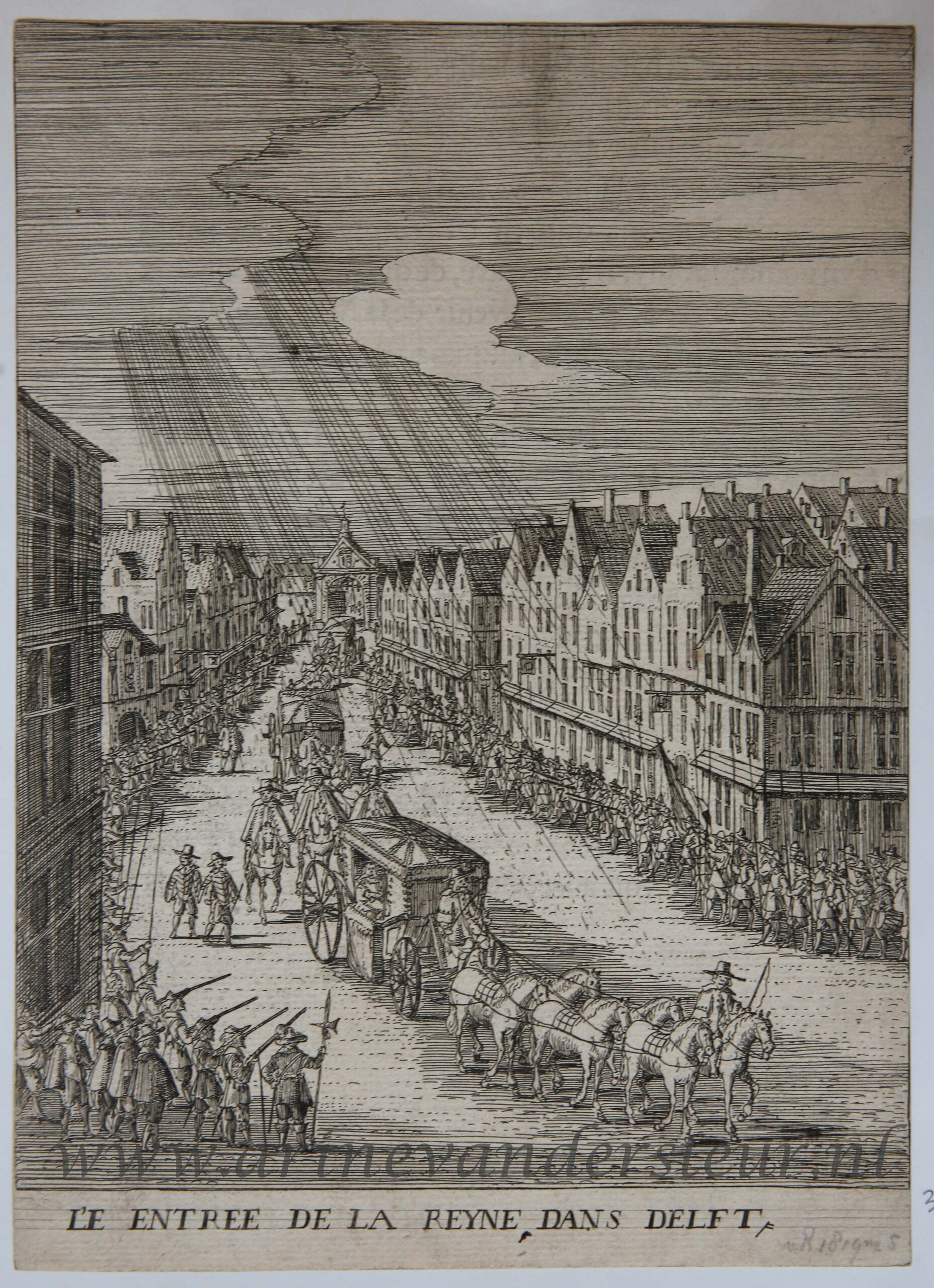  - [Antique print, etching] L'e entree de la reyne dans Delft [Maria de' Medici], published 1639.