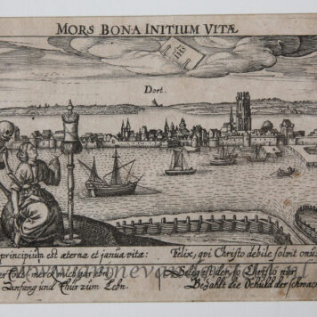 [Antique print, engraving, Dordrecht] MORS BONA INITIUM VITAE, View of Dordrecht, published 1624.