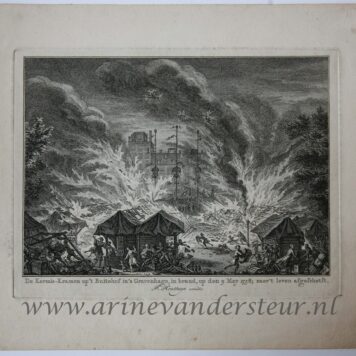 [Antique print; etching and engraving, The Hague, fire] De kermis-kramen op 't Buitehof in 's Gravenhage, in brand, op den 9 may 1758, published 1758.