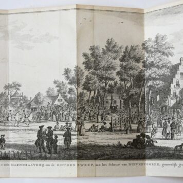 [Original print; etching, The Hague] Afbeelding van de Hollandsche Harddraaverij om de Gouden Zweep, aan het Schouw van Duivenvoorde, gemeenlijk genaamd het Haagsche Schouw, published 1770-1780.