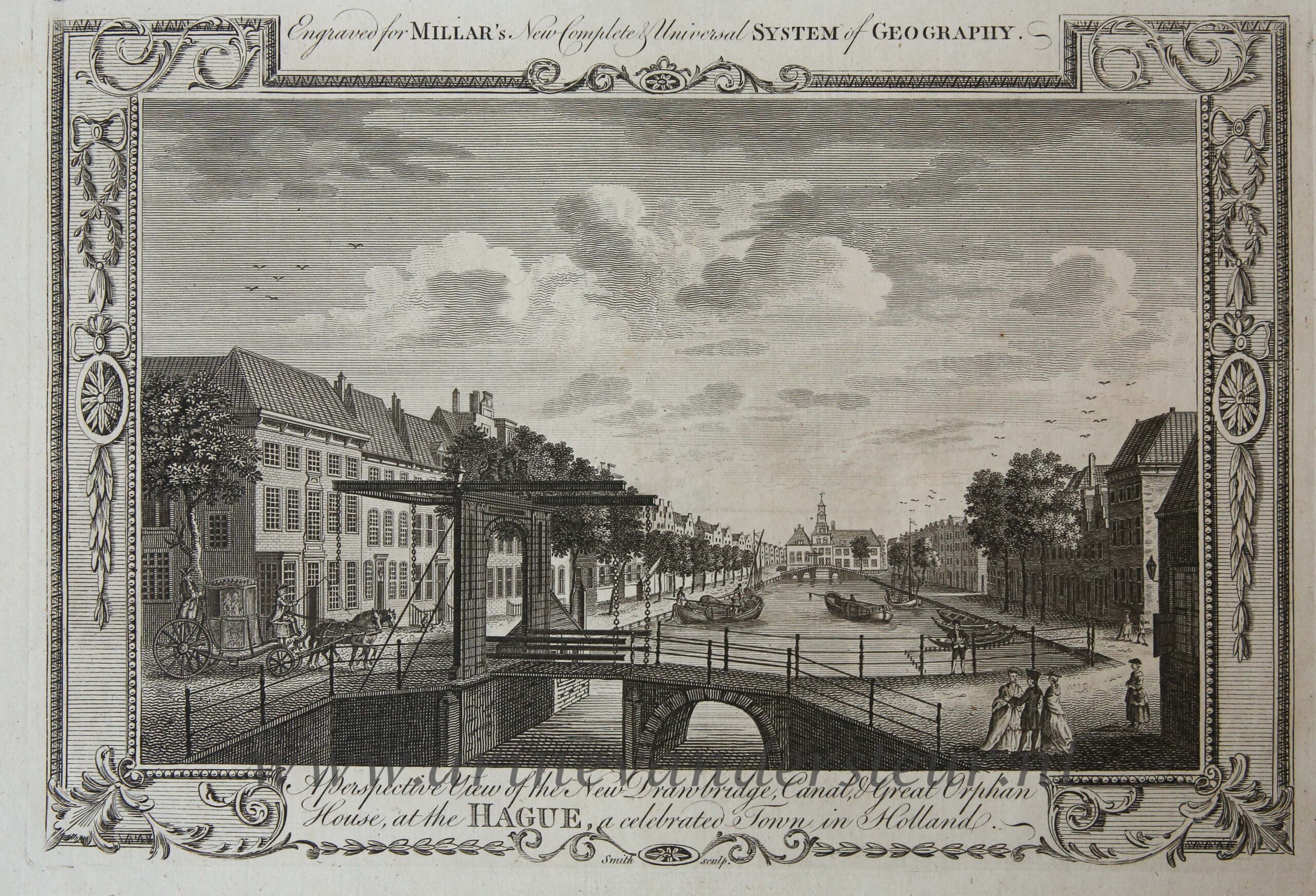 [Antique print, etching] A Perspective View of the New Drawbridge Canal and Great Orphan House at The Hague a celebrated Town in Holland (Bierkade Den Haag), published 1782.