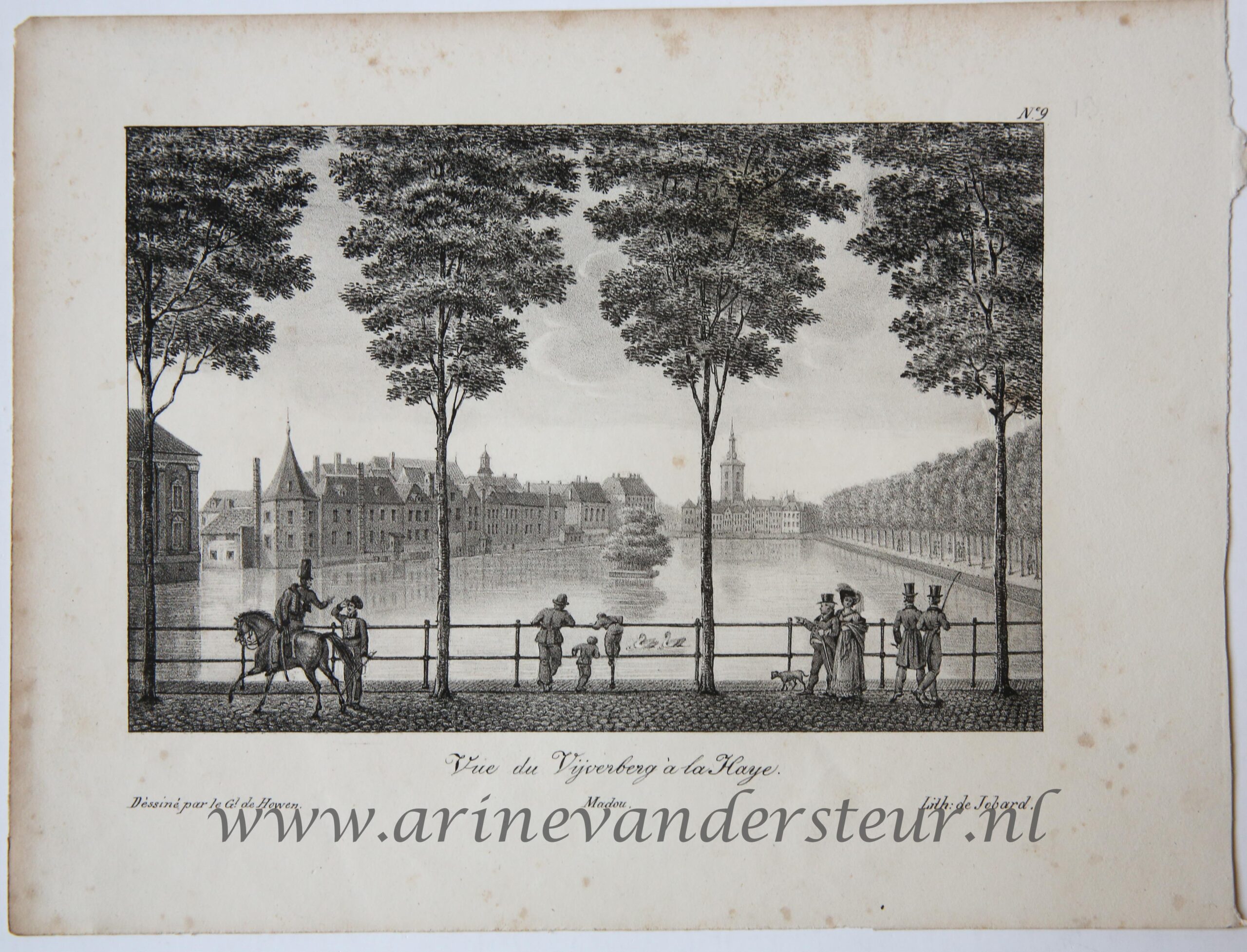 [Antique print, lithography] Vue du Vijverberg a la Haye (Prent Vijverberg Den Haag), published 1825.