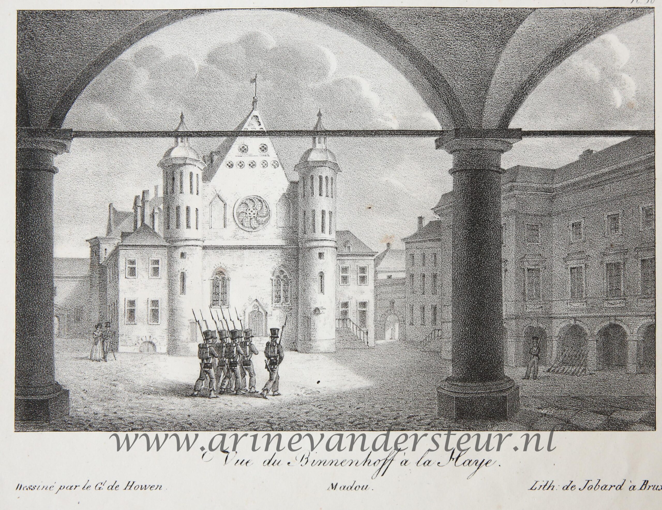 [Antique print, lithography] Vue du Binnenhof a la Haye (Prent Binnenhof Den Haag), published 1825.