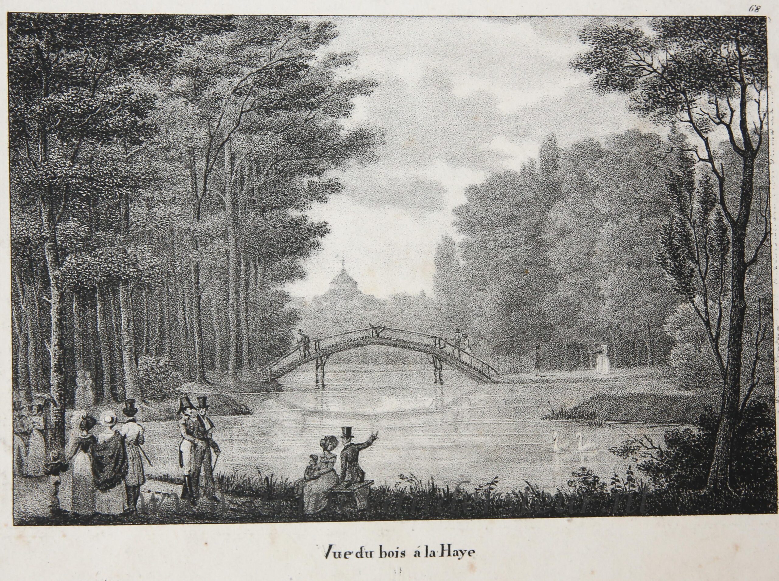 [Antique print, lithography] Vue du bois a la Haye (Haagse bos, The Hague), published 1825.
