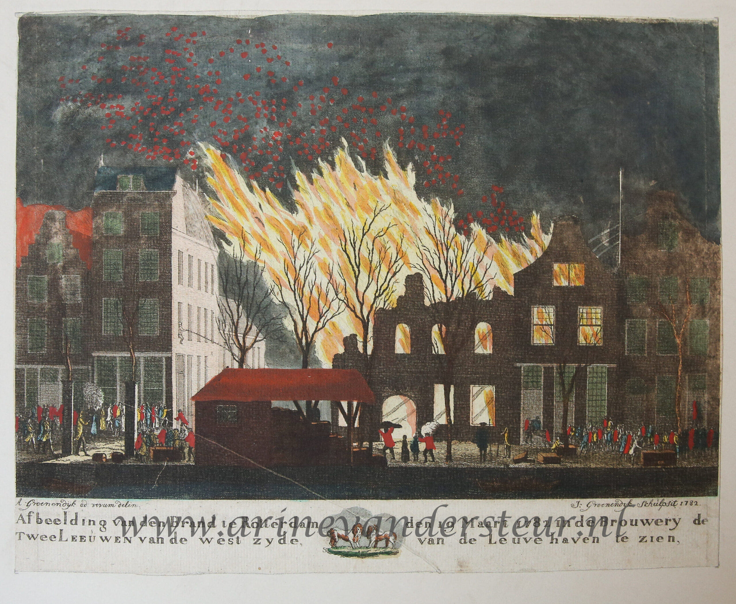 [Antique print, handcolored etching] The fire at the brewery De Twee Leeuwen in Rotterdam in 1782, published ca. 1782-1784.