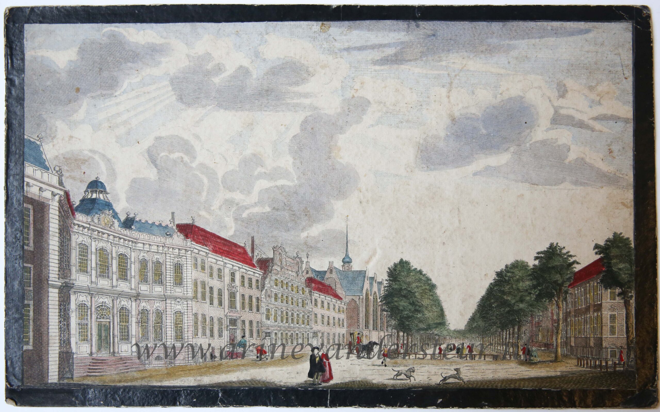 [Antique print; handcolored etching, The Hague, Den Haag] [Vue du Voorhout, ou promenade Publique de la Haye], published ca. 1760.