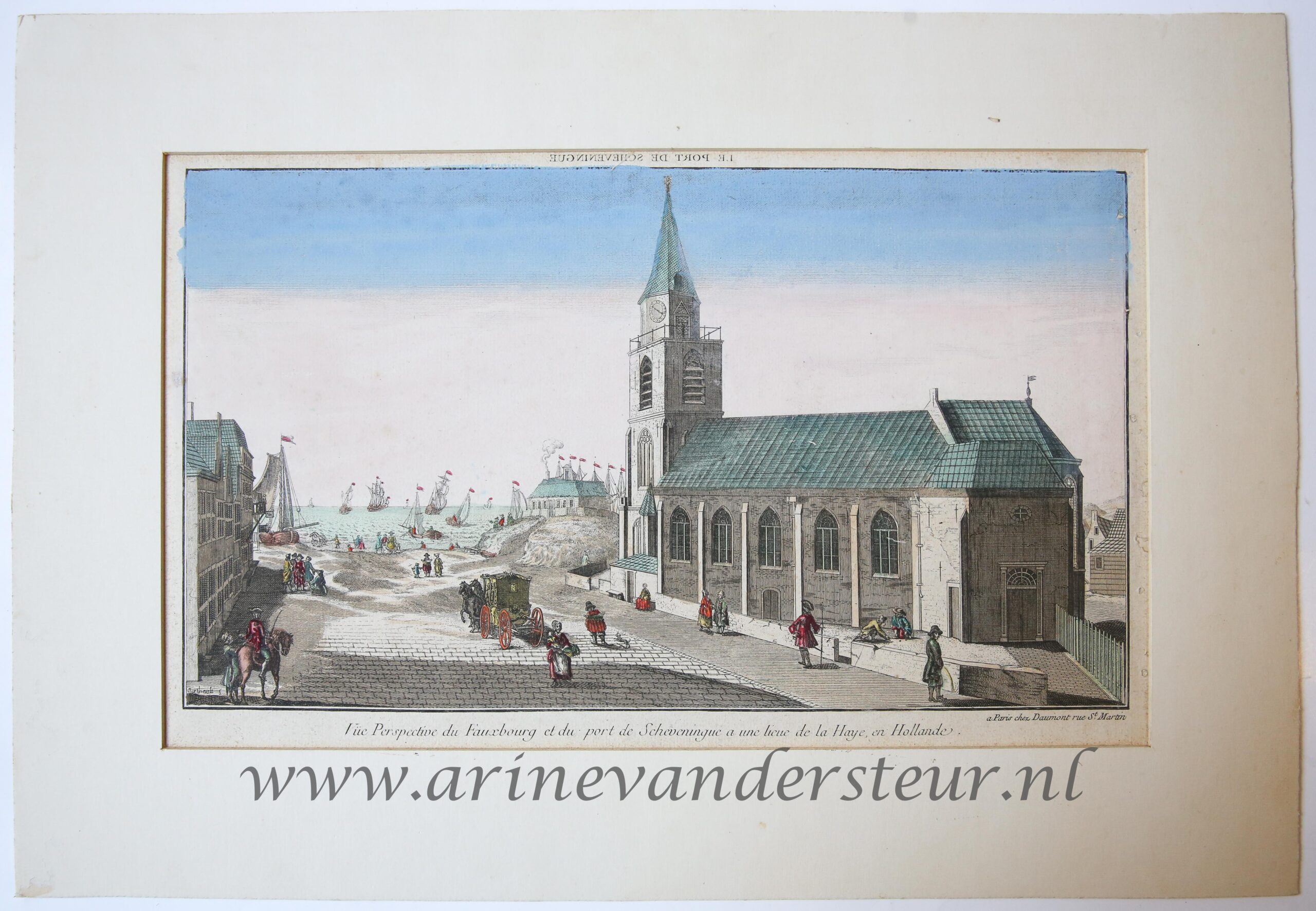 [Handcolored Opticaprent/Optical view The Hague/Den Haag] LE PORT DE SCHEVENINGUE (Haven van Scheveningen, Oude Kerk Keizerstraat 8 Scheveningen), published ca. 1770.