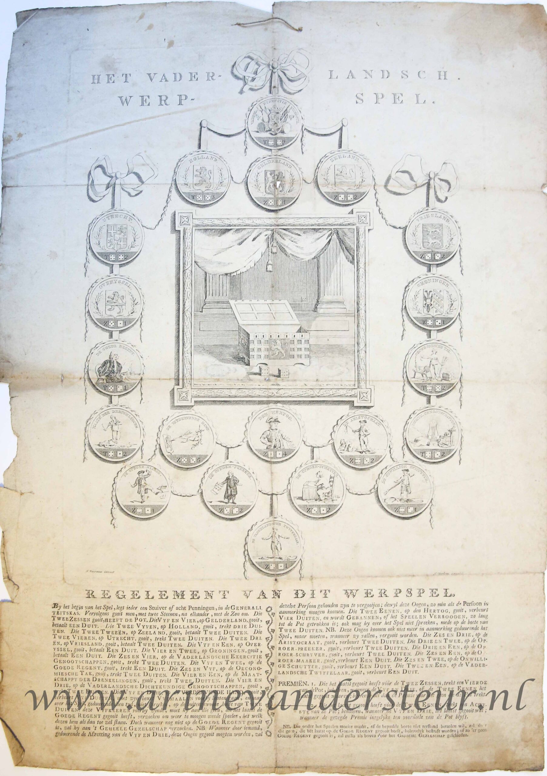 [Antique print, board game, etching and engraving] Het Vaderlandsch Werp-spel, published 1786.