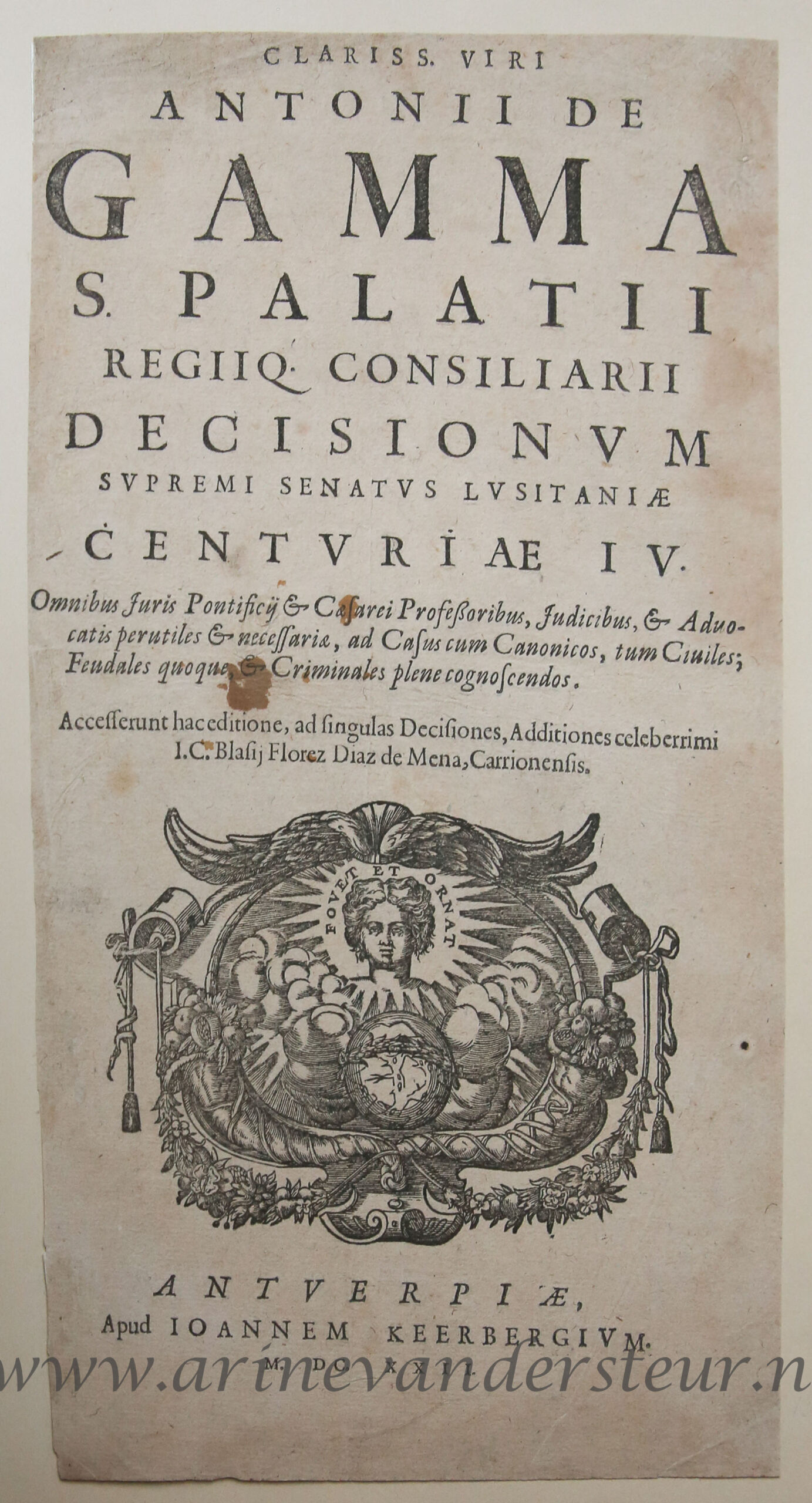 [Antique title page, 1622] CLARISS. VIRI ANTONII DE GAMMA, published 1622, 1 p.