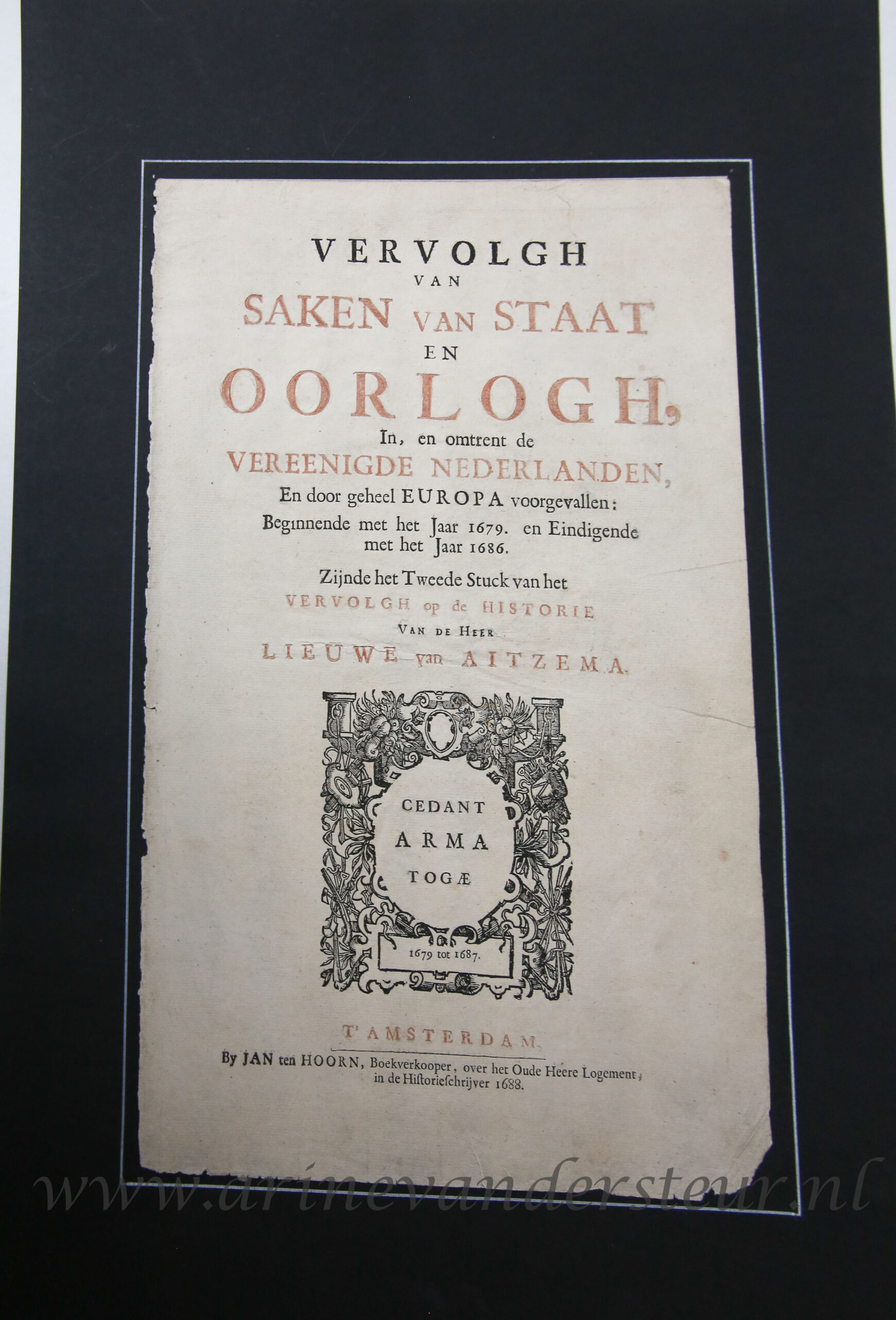 [Antique title page, 1687] VERVOLGH VAN SAKEN VAN STAAT EN OORLOGH, published 1687, 1 p.