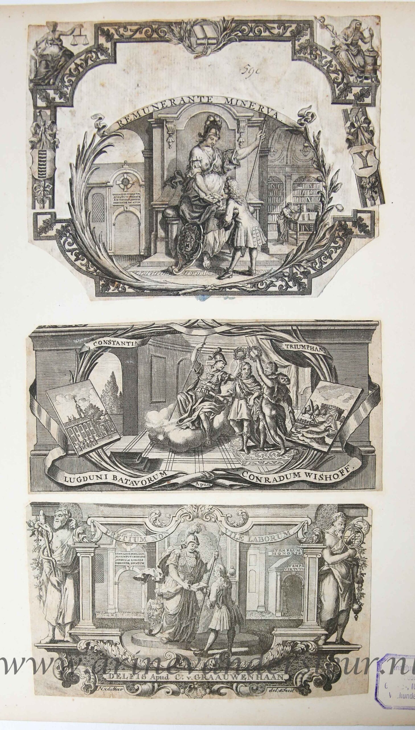[Antique prints, ca. 1722/62] Three vignettes, thesis and orations decorations, published ca. 1722-1762, 3 pp.