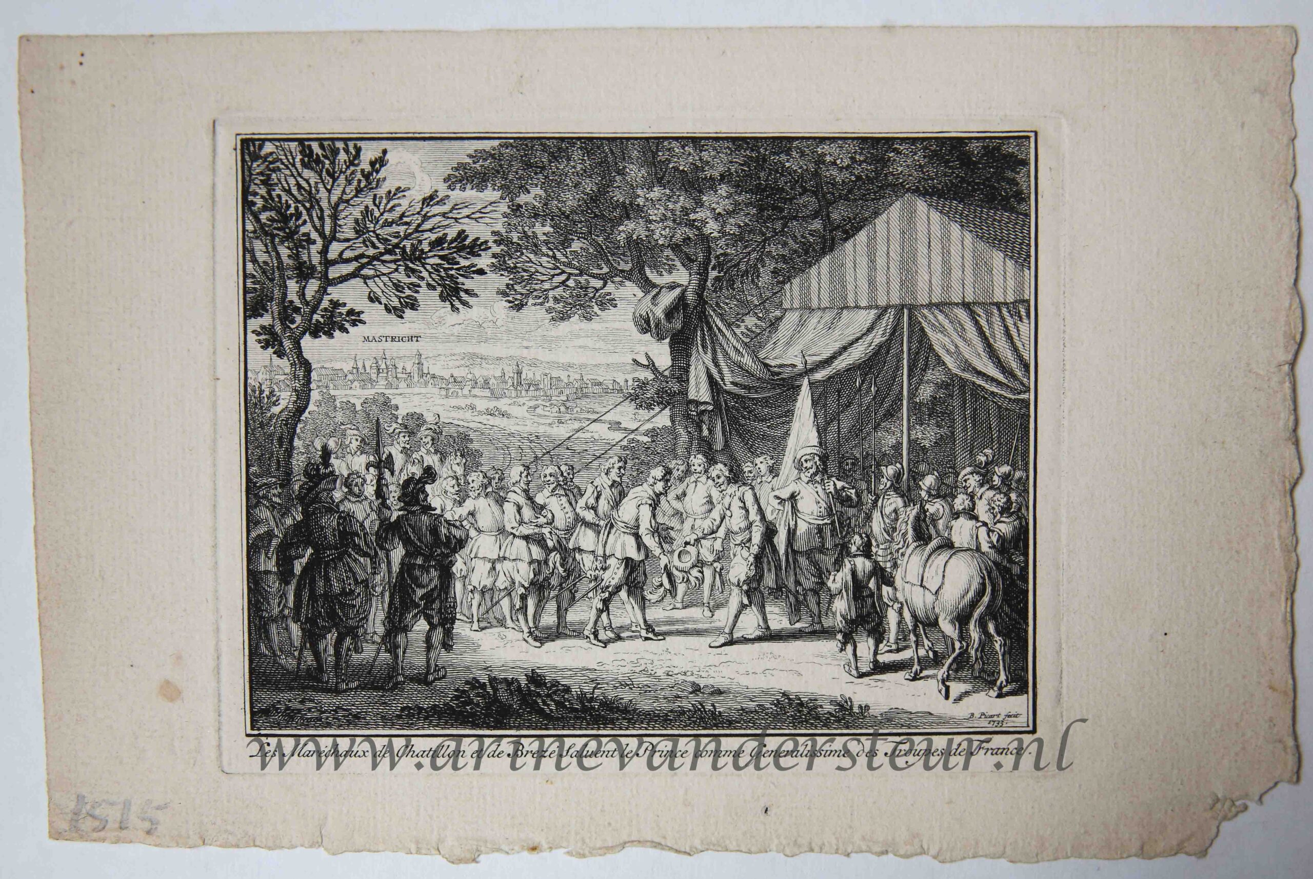 [Antique print, etching] Frederik Hendrik greeted by de Chatillon during the siege of Maastricht in 1632, published 1733, 1 p.