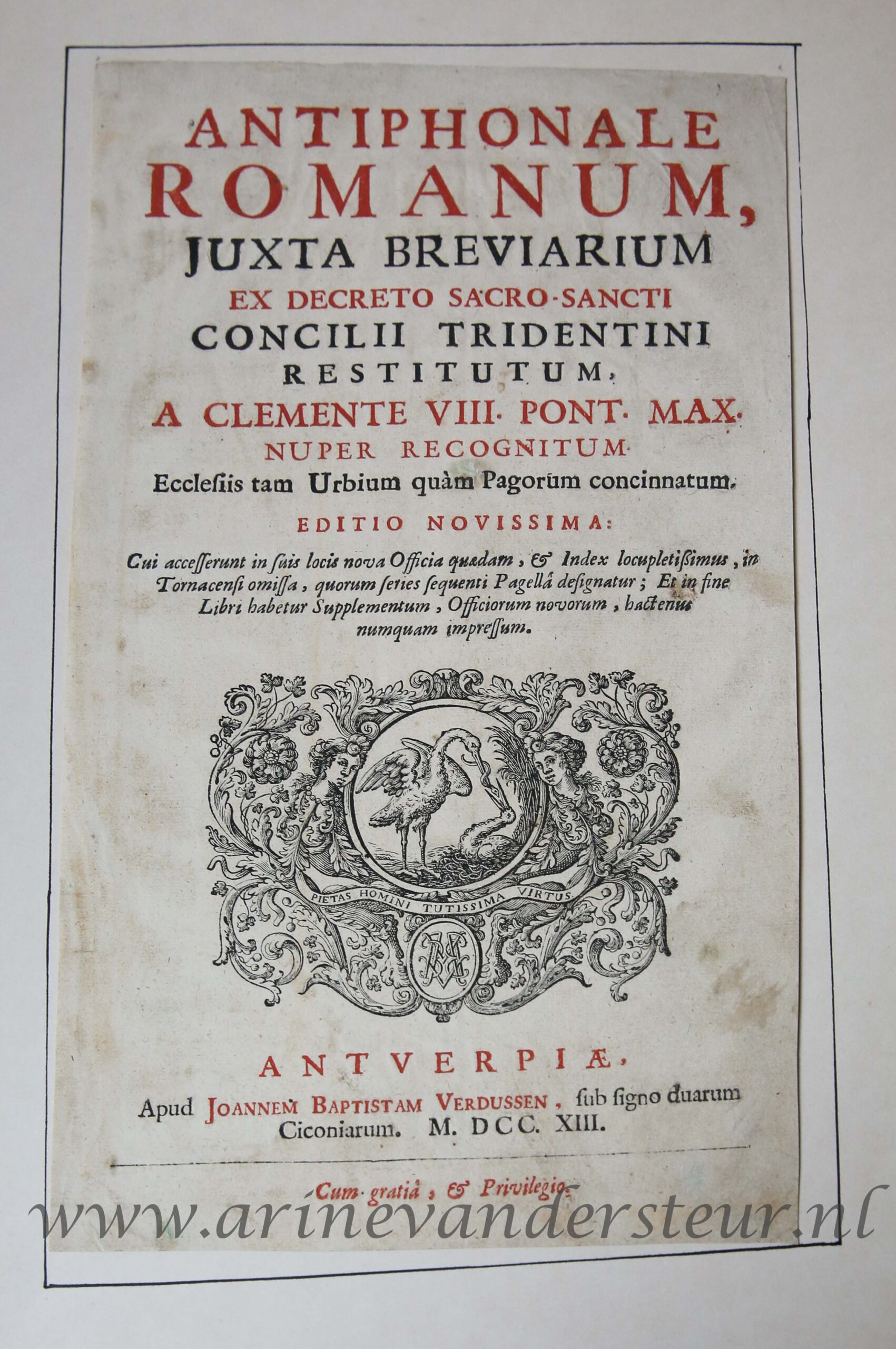 [Antique title page, 1731] Antiphonale Romanum, Juxta Breviarium ex descreto sacro- sancti Concilii Tridentini Restutum..., published 1713, 1 p.
