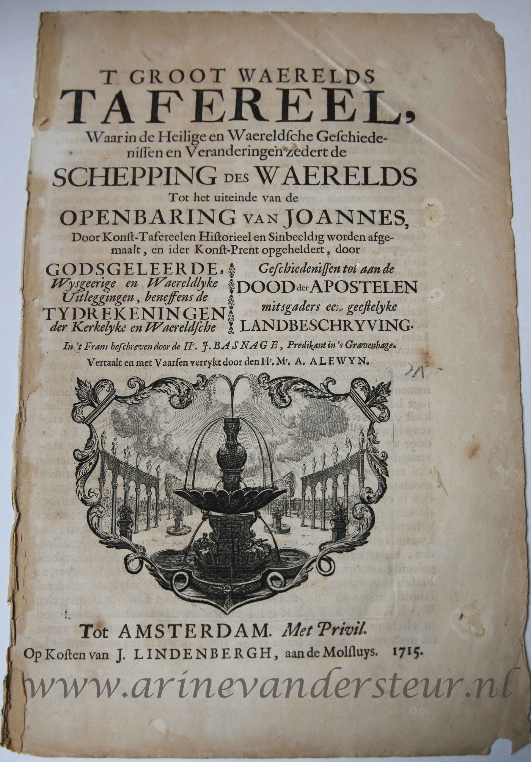 [Two antique prints, title page with vignettes] 'T GROOT WAERELDS TAFEREEL..., published 1715, 2 pp.