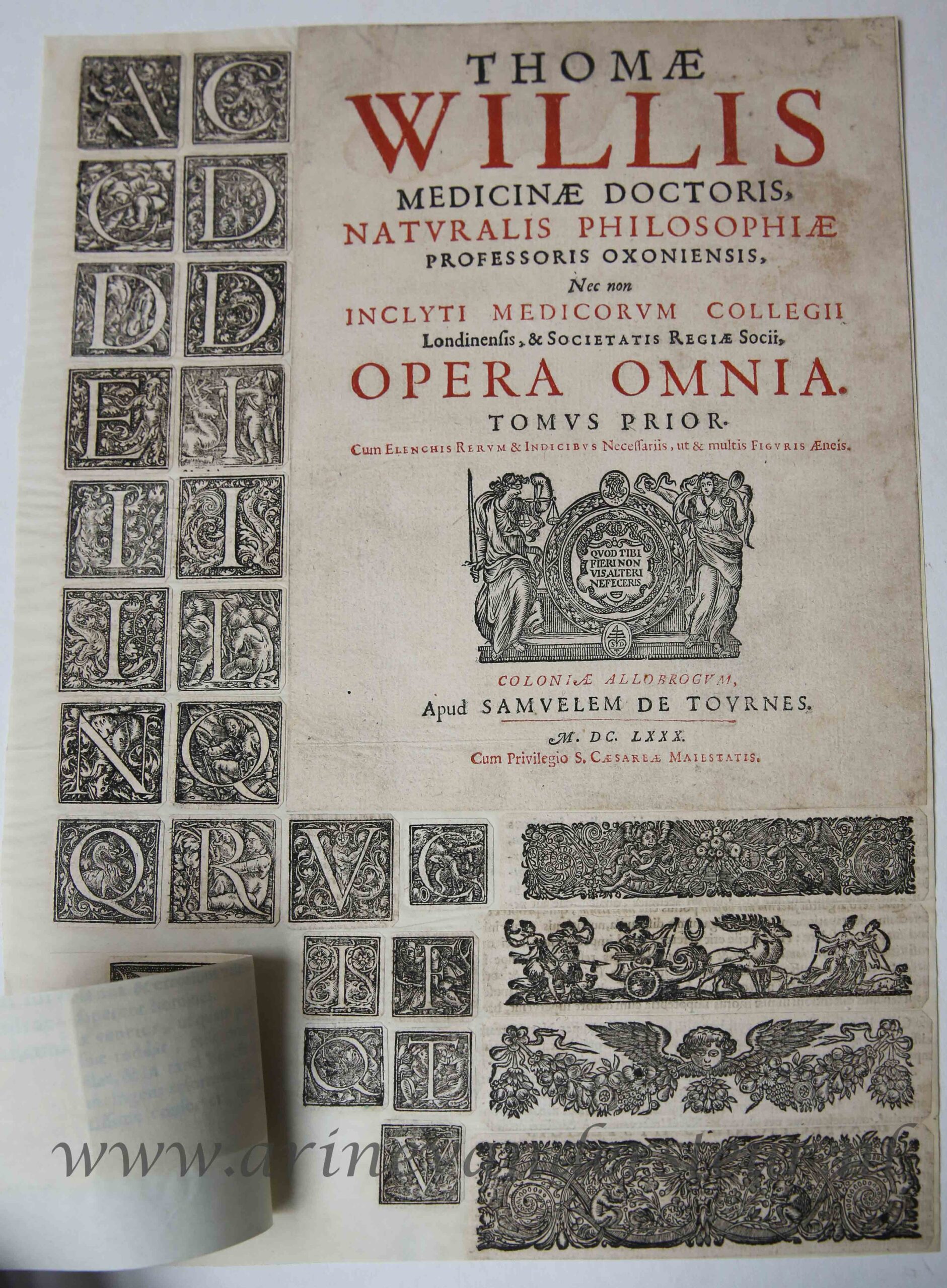 [Antique title page, page decorations, 1680] Opera Omnia of Thomas Willis, vol. I, published 1680, 1 p.