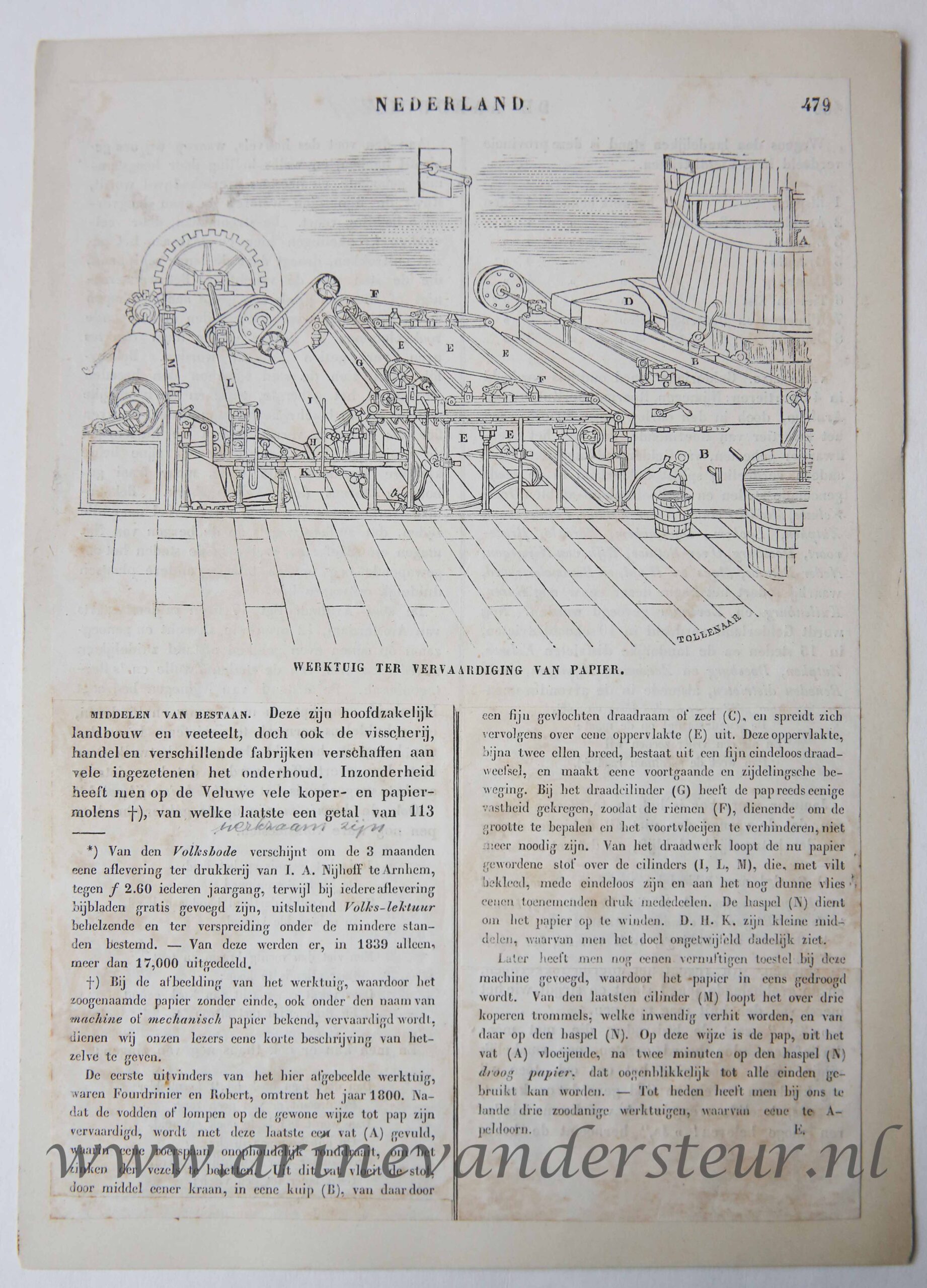 [Modern print, wood engraving and letterpress] Machine for paper making / Werktuig ter vervaardiging van papier, published ca. 1850.