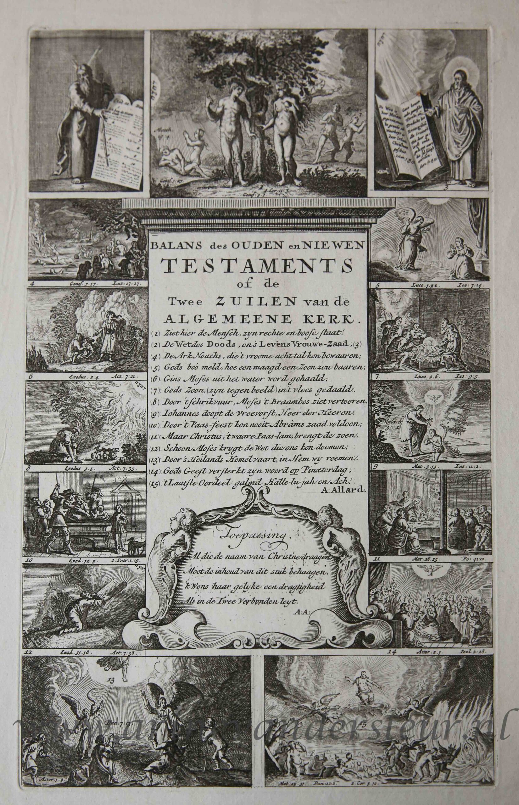 [Antique print, etching] Scenes from the Old and New Testaments; BALANS des OUDEN en NIEWEN TESTAMENTS, published ca. 1710, 1 p.