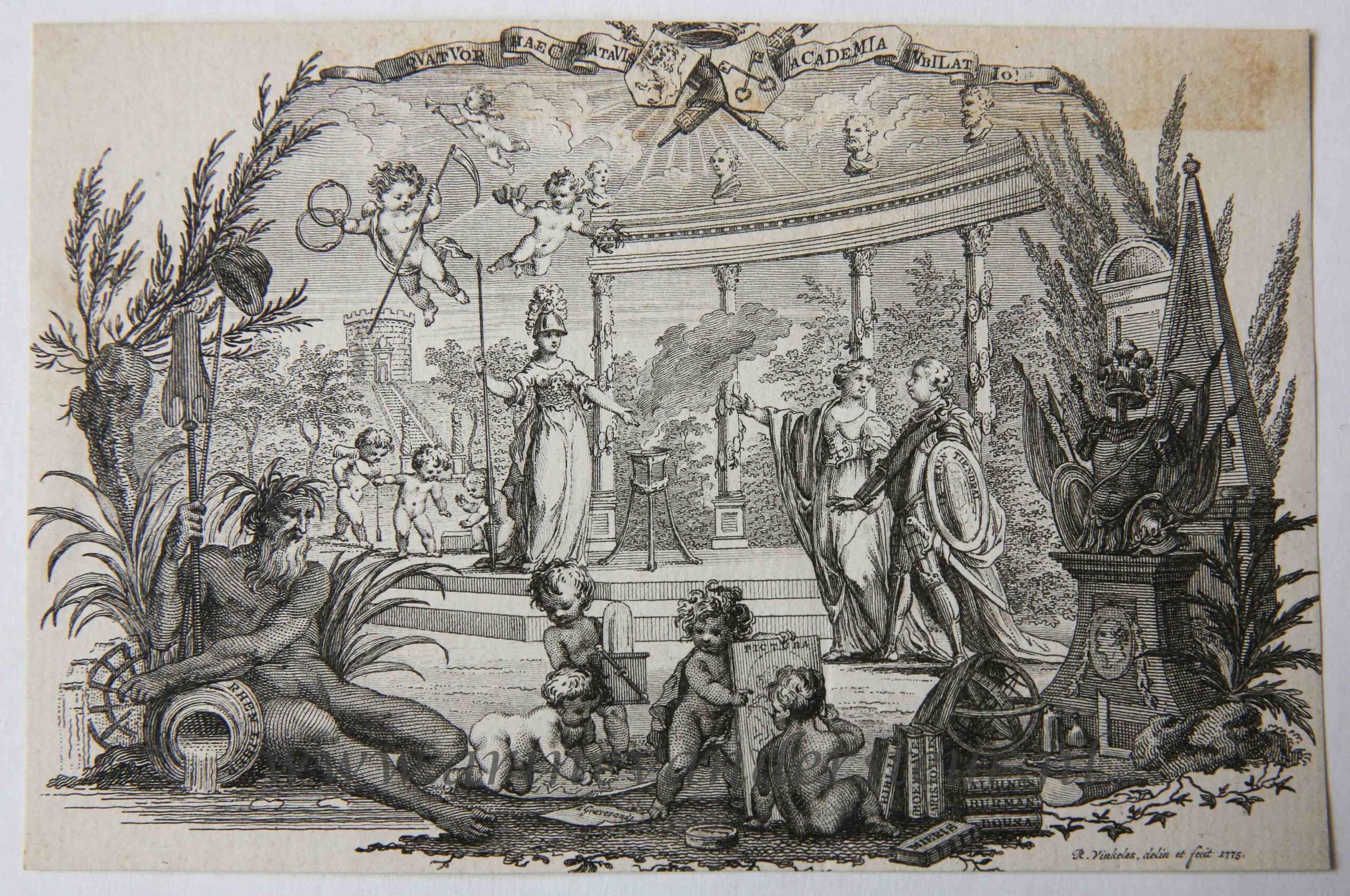 [Vignette, 1775] Vignette with an allegory of the University of Leiden / Allegorie op Willem V als beschermheer van de Leidse Academie, published 1775, 1 p.