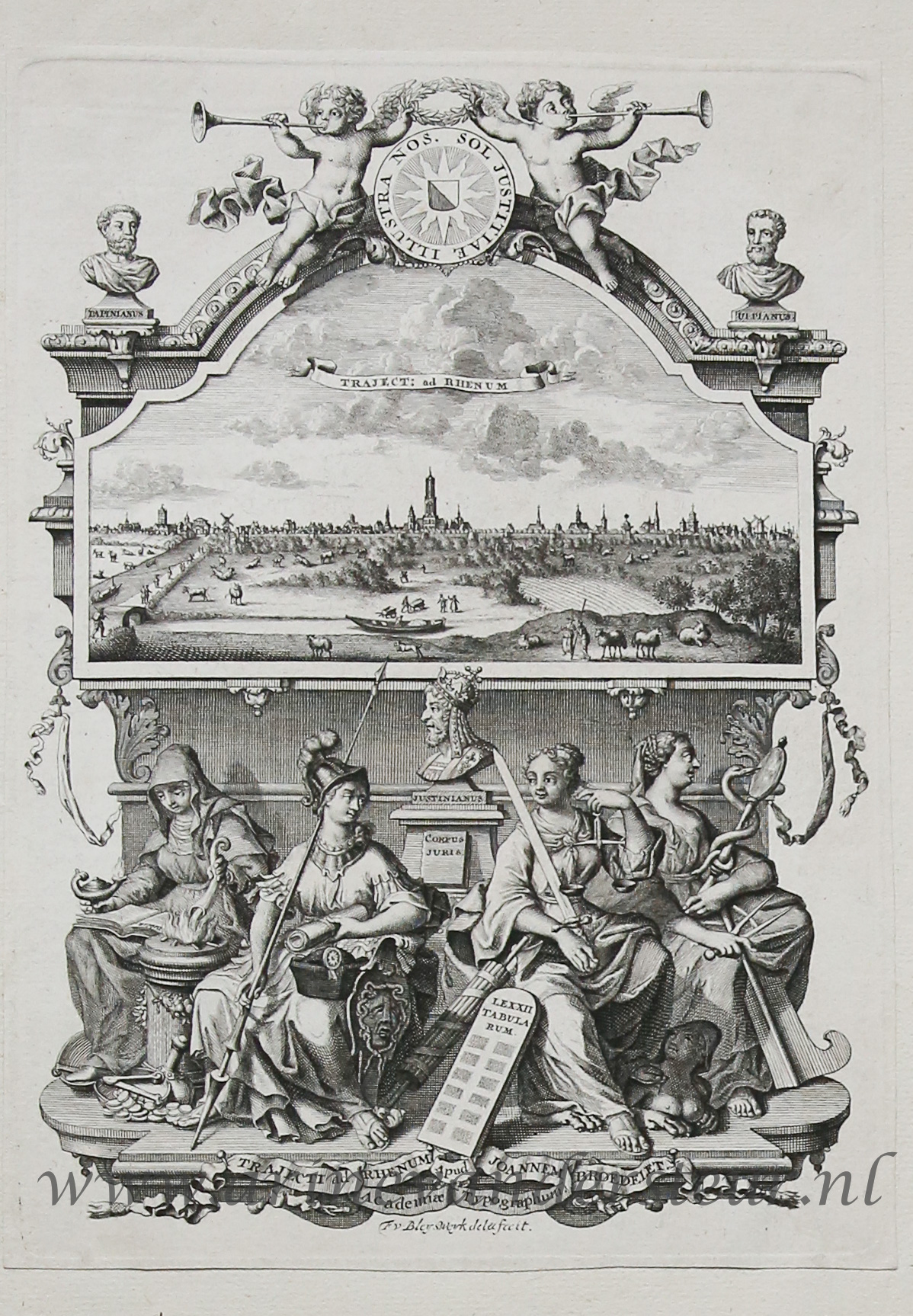 [Antique print, etching] View of Utrecht and allegorical figures, published ca. 1750, 1 p.