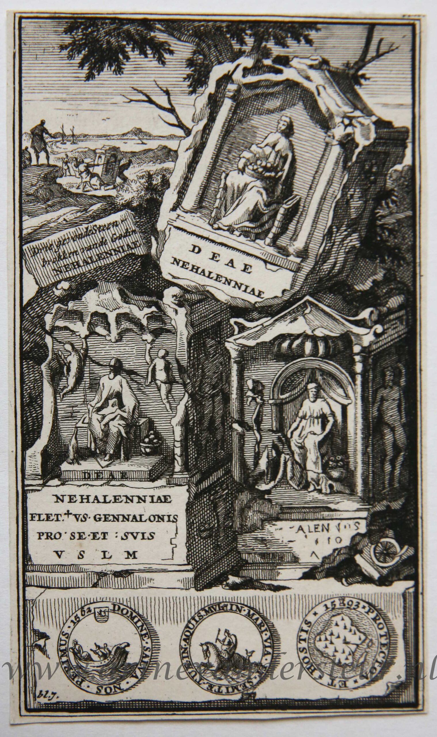 [Antique print, etching] Three Nehalennia altars found near Domburg, published ca. 1700-1715, 1 p.