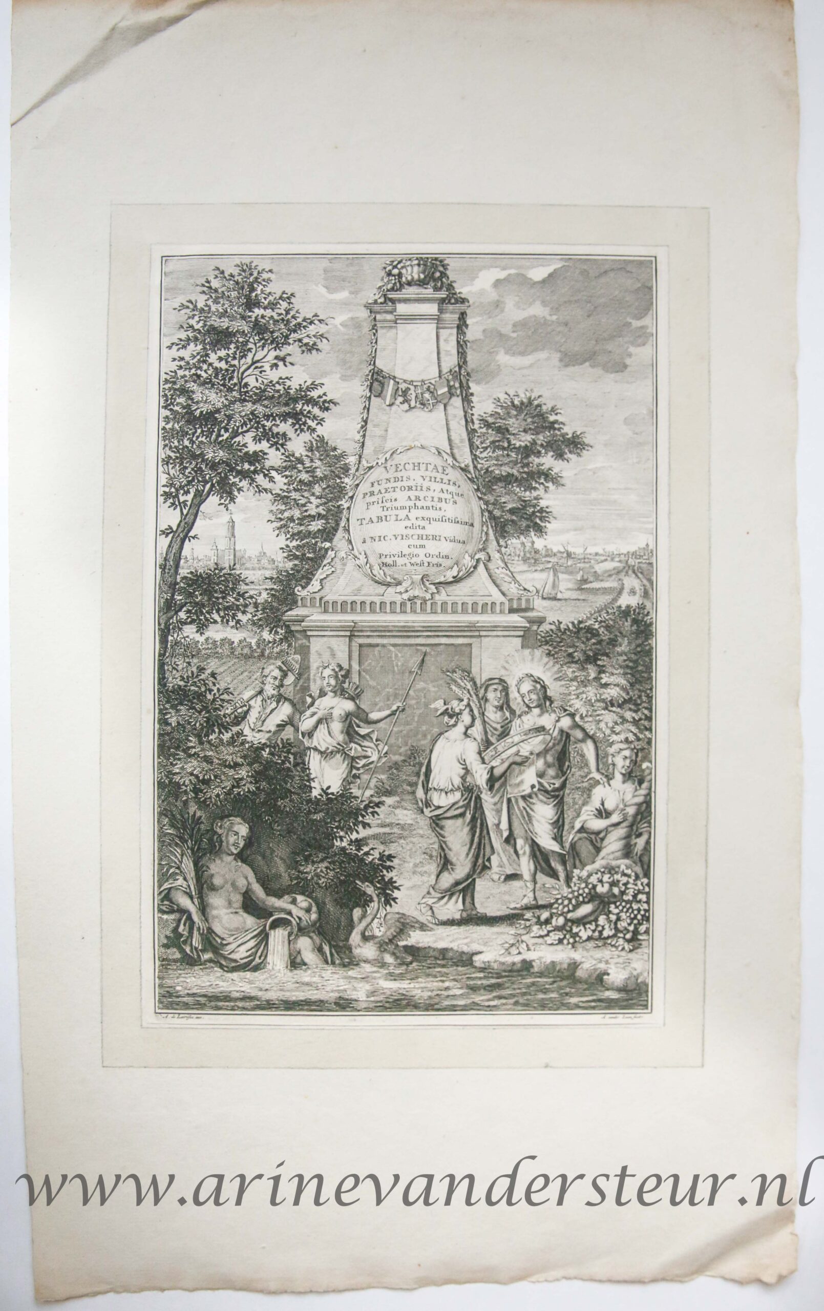 [Antique print, etching and engraving] Allegory on the river Vecht at a monument, published 1719.