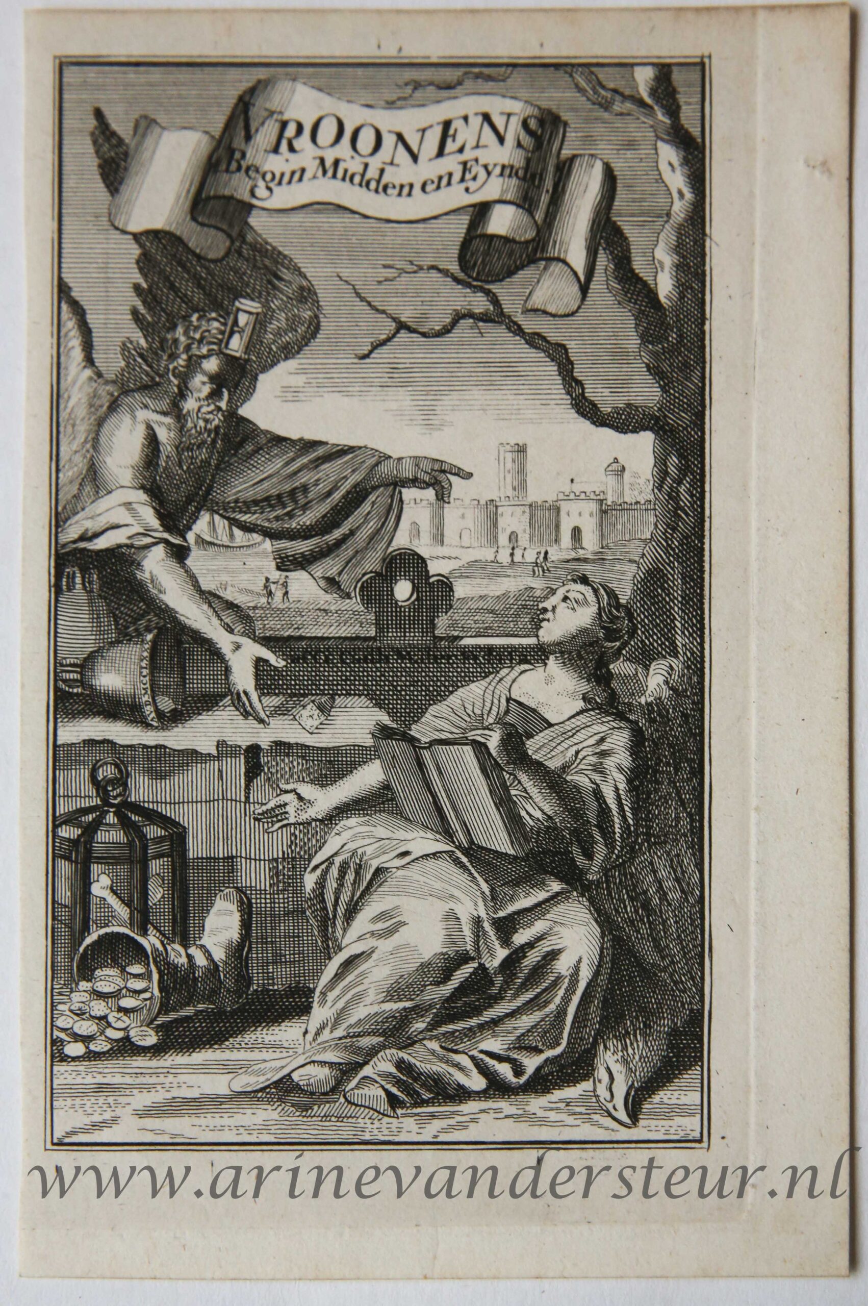 [Antique title page, 1702] Allegorische voorstelling met Vader Tijd en Geschiedenis [Vroonens Begin Midden en Eynde] , published 1702, 1 p.