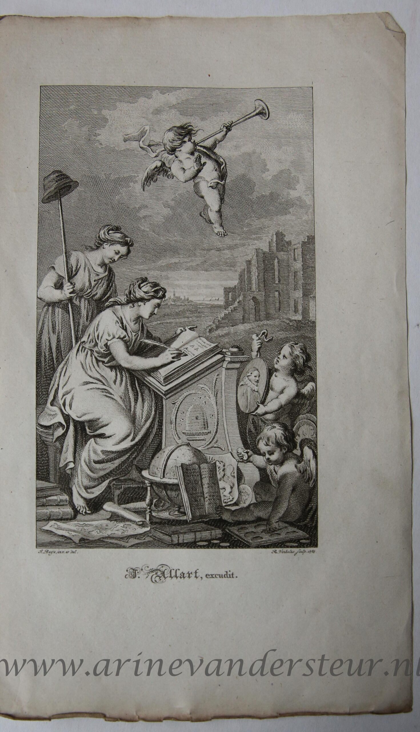 [Antique title page, 1785] History writing the vocabulary / Geschiedenis schrijft de historie [Vaderlandsch Woordenboek], published 1785, 3 pp.