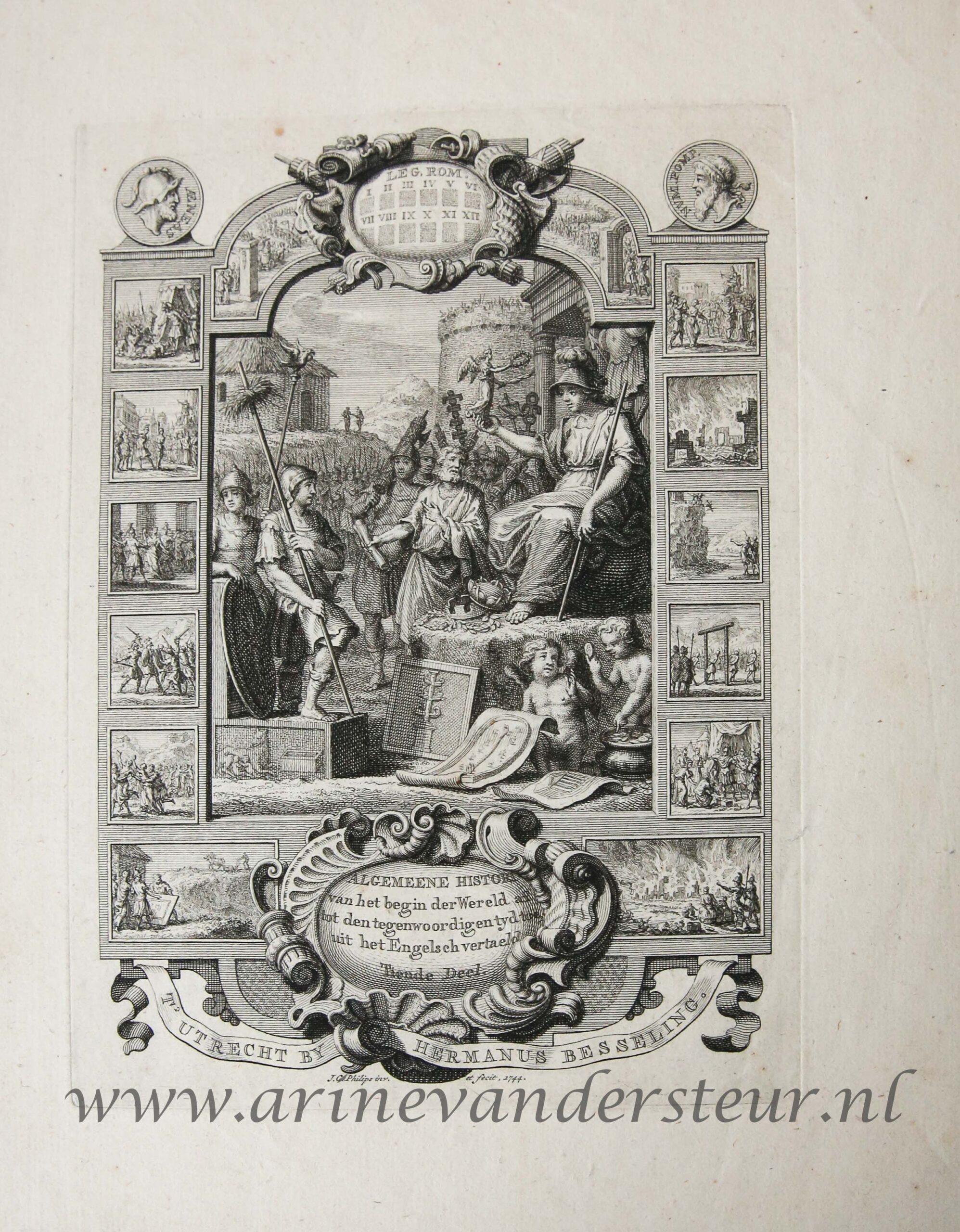 [Antique title page, 1744] Cartouche met allegorie op Romeinse Rijk [Algemeene Historie vol. II], published 1744, 1 p.