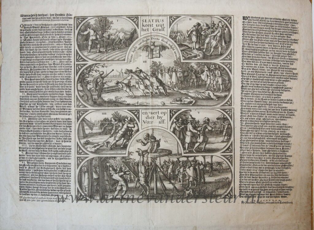 [Antique history print] 'Slatius komt uijt het graff, en vaert op daer hij voer aff'; discovery of the stolen and buried corpses of Slatius, Coornwinder and Gerritsz, 1623.