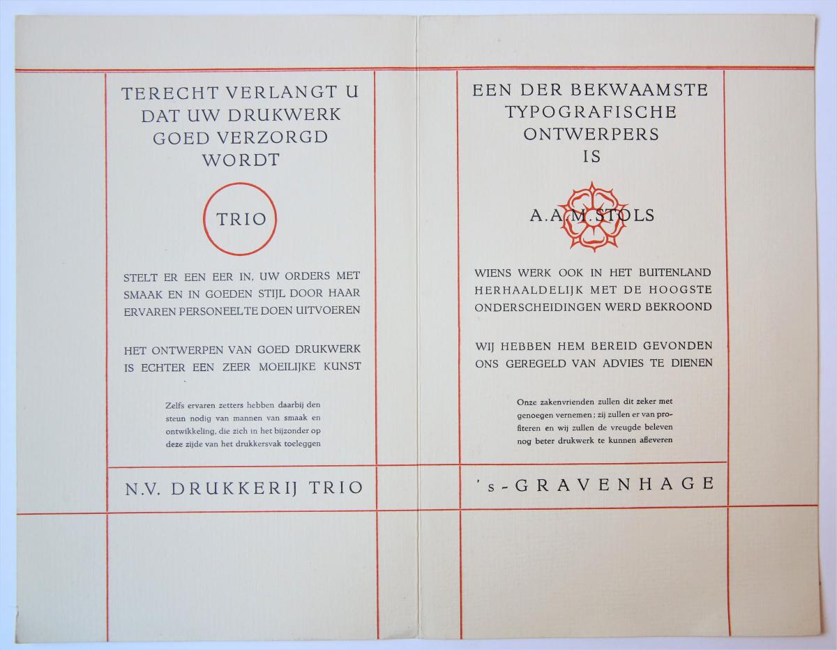 [Advertisement card, typographie, typografie 1941] Reclamekaart van drukkerij Trio, maart 1941, met de aankondiging dat A.A.M. Stols als adviseur is aangetreden. Gedrukt.