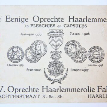 HAARLEMMER OLIE --- Reclame-briefkaart van de fabriek van Haarlemmerolie, Achterstraat 8, 8a en 8b te Haarlem, ca. 1910.