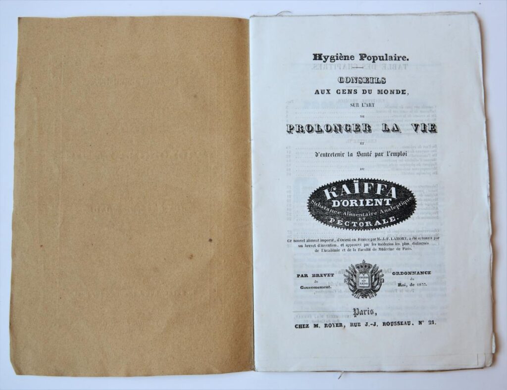 KAIFFA D'ORIENT -- 'Hygiene populaire conseils aux gens de monde sur l'art de prolonger la vie (...) par l'emploi du Kaiffa d'Orient'. Paris, ca. 1835, 32 pag., gedrukt.