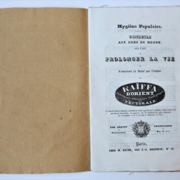 KAIFFA D'ORIENT -- 'Hygiene populaire conseils aux gens de monde sur l'art de prolonger la vie (...) par l'emploi du Kaiffa d'Orient'. Paris, ca. 1835, 32 pag., gedrukt.