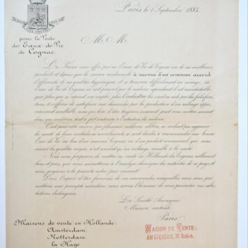 COGNAC Reclamebrief van de “Societé anonyme pour la vente des eaux-de-vie de Cognac”, Parijs 1884, 4º, 1 p., gedrukt.
