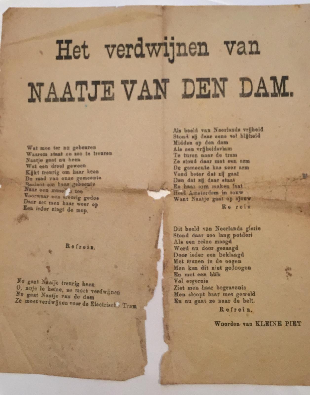 1 page on Het verdwijnen van Naatje van den Dam. Signed with: Woorden van Kleine Piet.