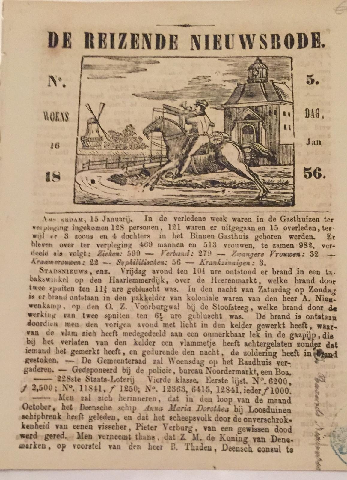 [Pamphlet/Newspaper] - Pamphlet/Newspaper: De reizende Nieuwsbode, no 5 Woensdag 16 jan 1856, Amsteram wed Kok, geb. Van Kolm, 4 pp.