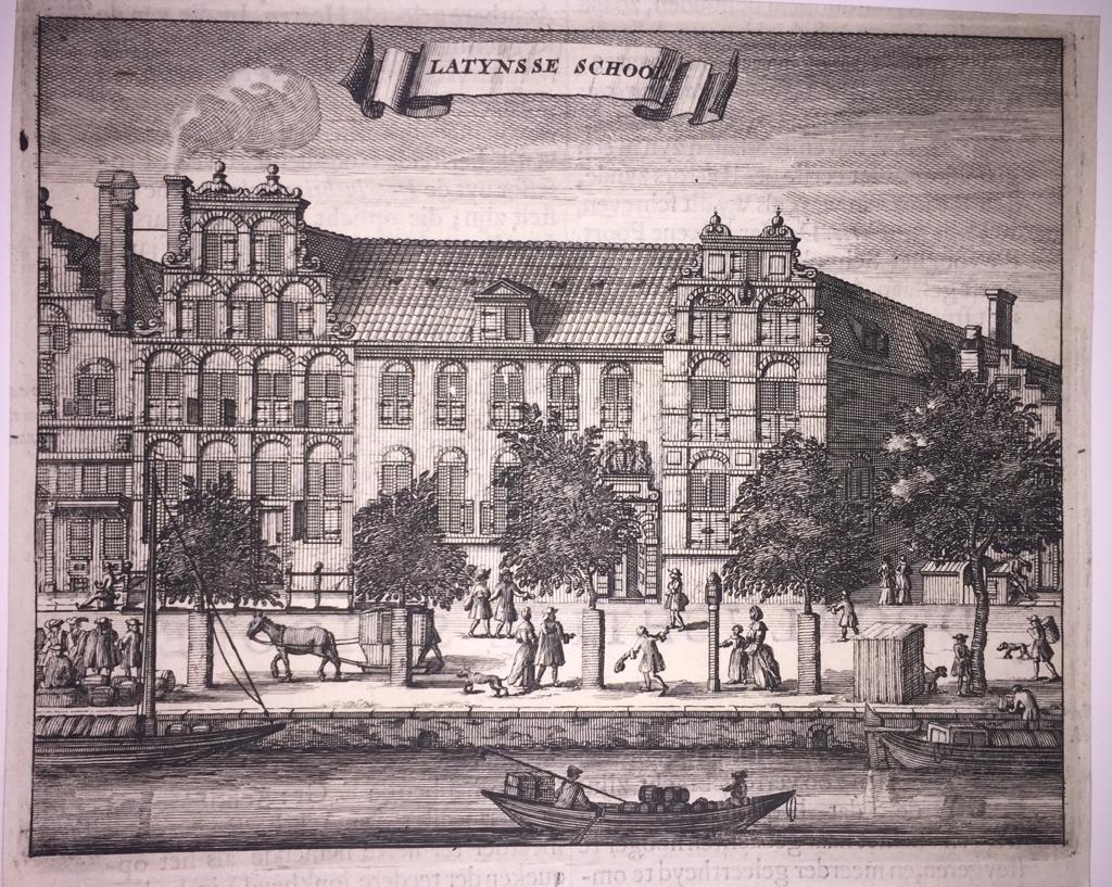 [Antique print, etching] Latynsse School (De Latijnse school in Amsterdam), published 1726.