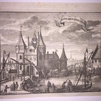 Original engraving/gravure: Oude Reguliers Poort in Amsterdam.