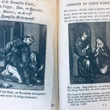 [1] Papekost, opgedist in Geuse schotelen, handelende van de Pausselyke opkomst, afgodery en beeldendienst mis, mitsgaders hun val en einde . Blokziel [= Leiden, Joh. du Vivie], 1720. [gebonden met:] [2] Geuse-kost, opgedist in Paapse schotelen, handelende van de souvereine oppermagt en heerschappye der Roomsche pausen. z. pl. [= Leiden, Joh. du Vivie], 1725. [RARE/ZELDZAAM DEEL] [TOGETHER WITH:]