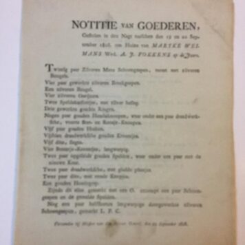 [Printed documents 1808, stolen goods] Drie lijsten van gestolen goederen in 1808. Verzonden door de Procureur Generaal aan gemeentelijke politiekorpsen. 4°, gedrukt, 3 pag.