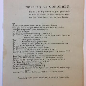 [Printed documents 1808, stolen goods] Drie lijsten van gestolen goederen in 1808. Verzonden door de Procureur Generaal aan gemeentelijke politiekorpsen. 4°, gedrukt, 3 pag.